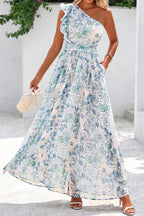 Floral Ruffle One Shoulder Maxi Dress