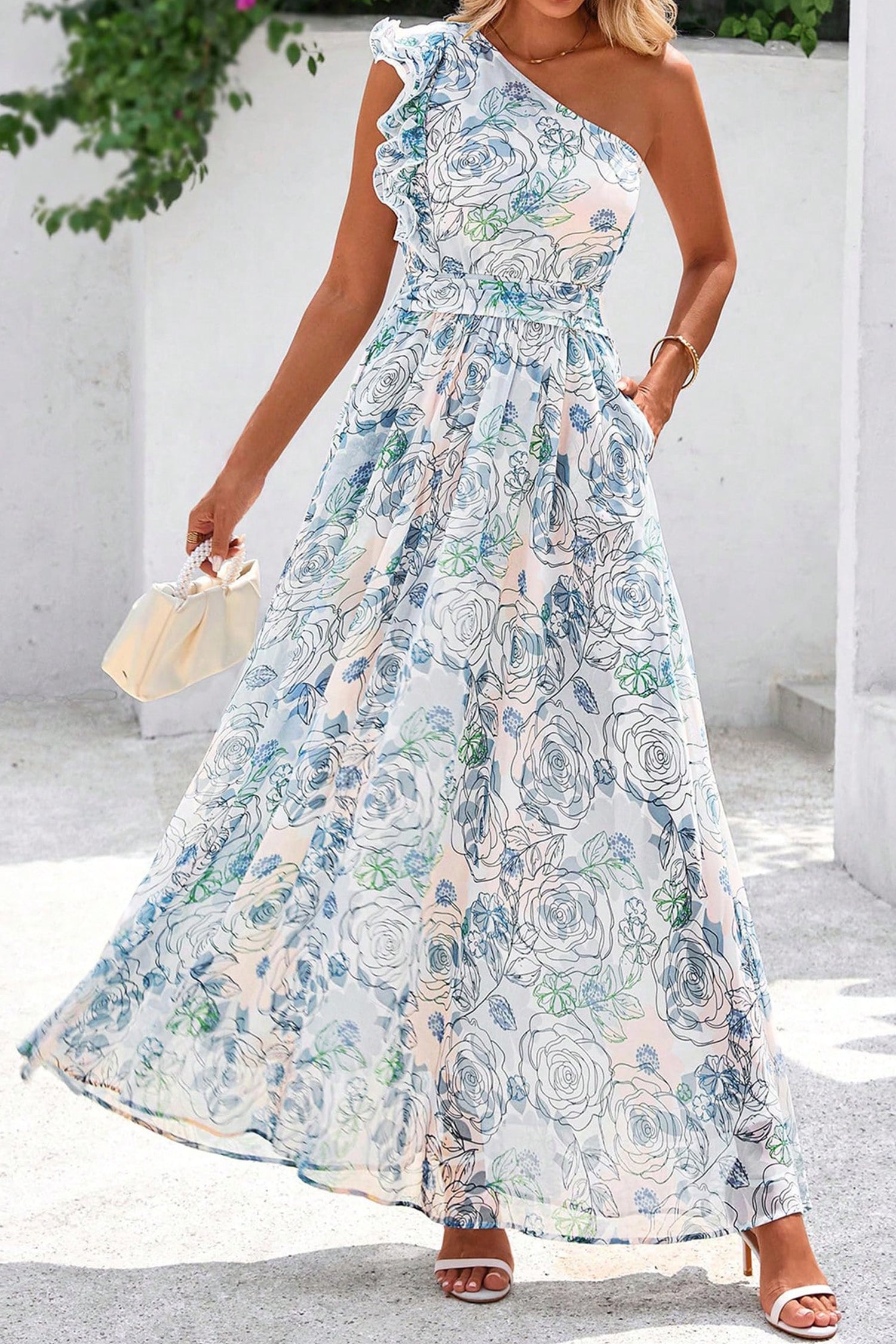 Floral Ruffle One Shoulder Maxi Dress