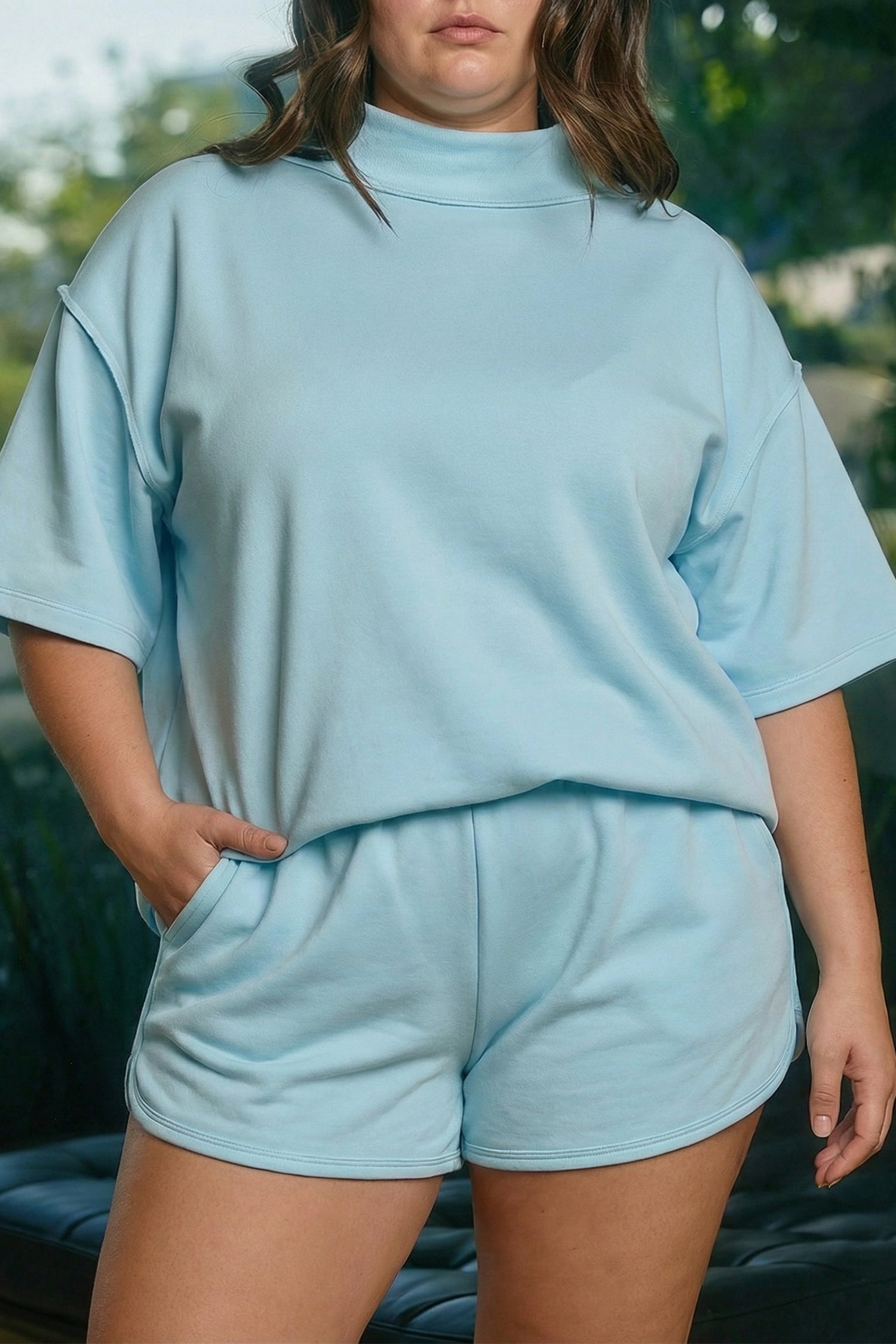 Solid Mock Neck Short Sleeve Top & Short Set