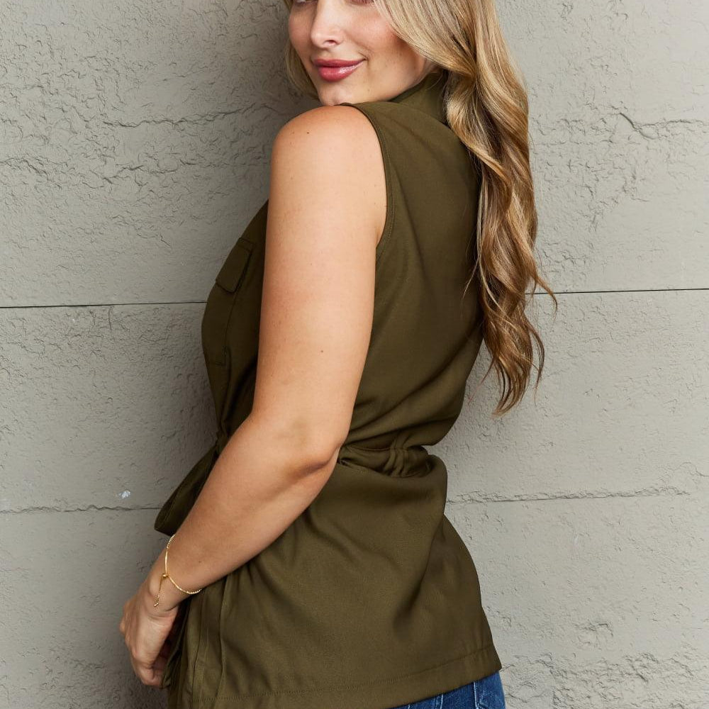 Women's Shirts Army Green Sleeveless Collared Top