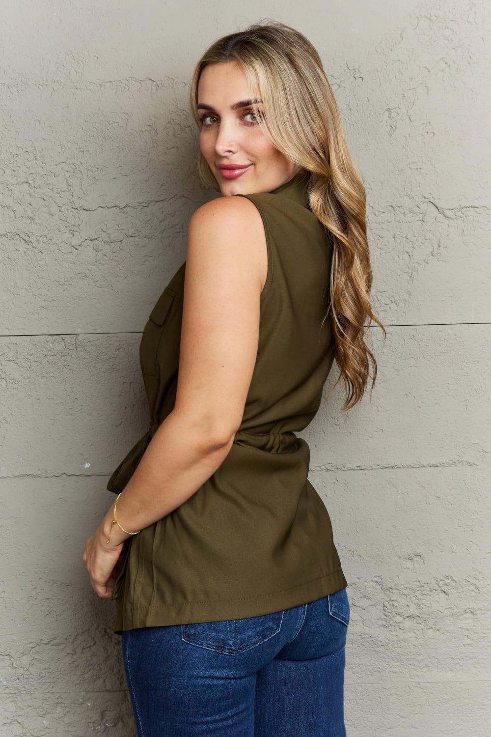 Women's Shirts Army Green Sleeveless Collared Top