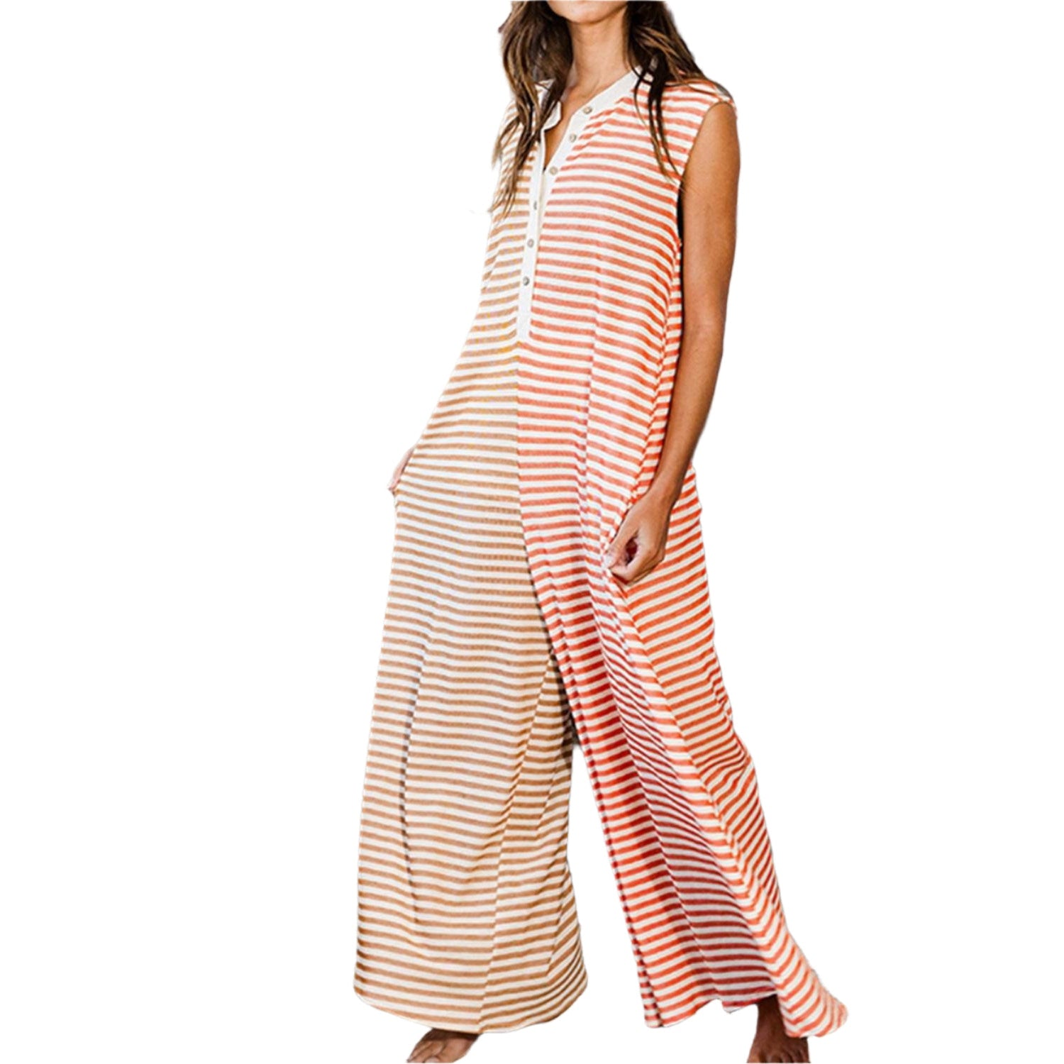 Orange Stripe Oversized Buttoned Front Sleeveless Wide Leg Jumpsuit - VacationGrabs