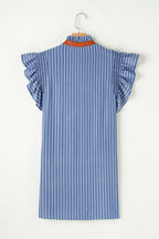 Stripe Frilly Neck Shirred Ruffle Sleeve Mini Dress