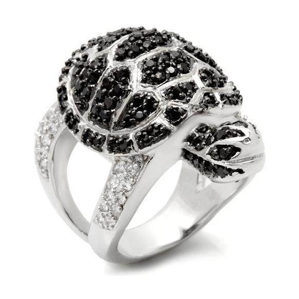 Black and White CZ Statement Ring, Rhodium Plated Brass, Jet Crystal Accent - VacationGrabs