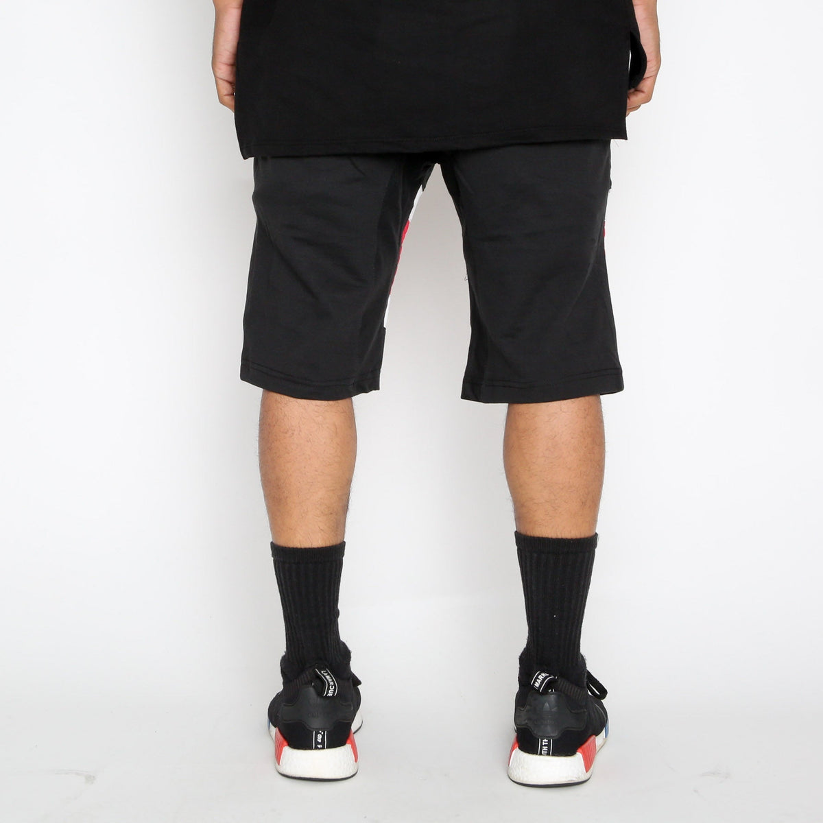 Red Stripe Moto Shorts with Contrast Zipper Detail