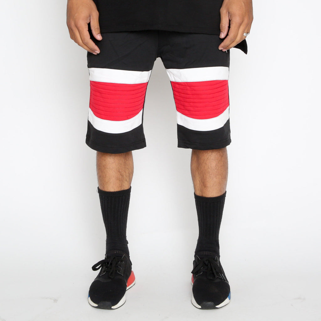 Red Stripe Moto Shorts with Contrast Zipper Detail