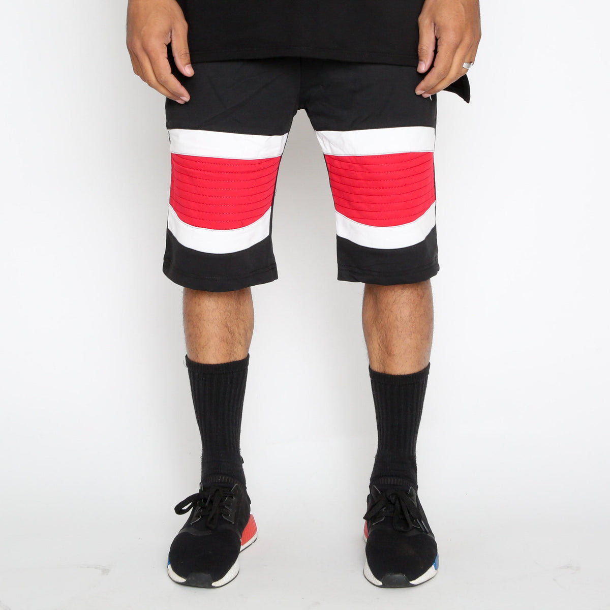 Red Stripe Moto Shorts with Contrast Zipper Detail
