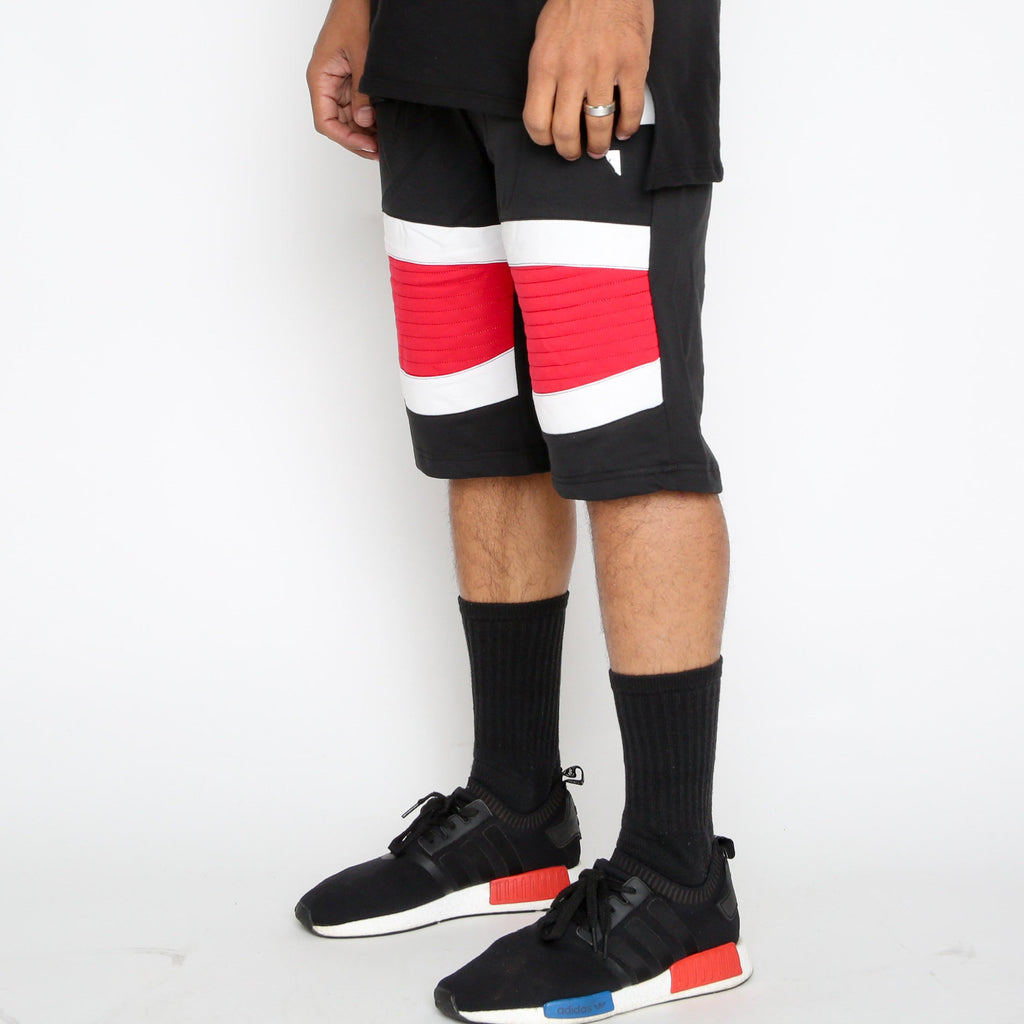 Red Stripe Moto Shorts with Contrast Zipper Detail
