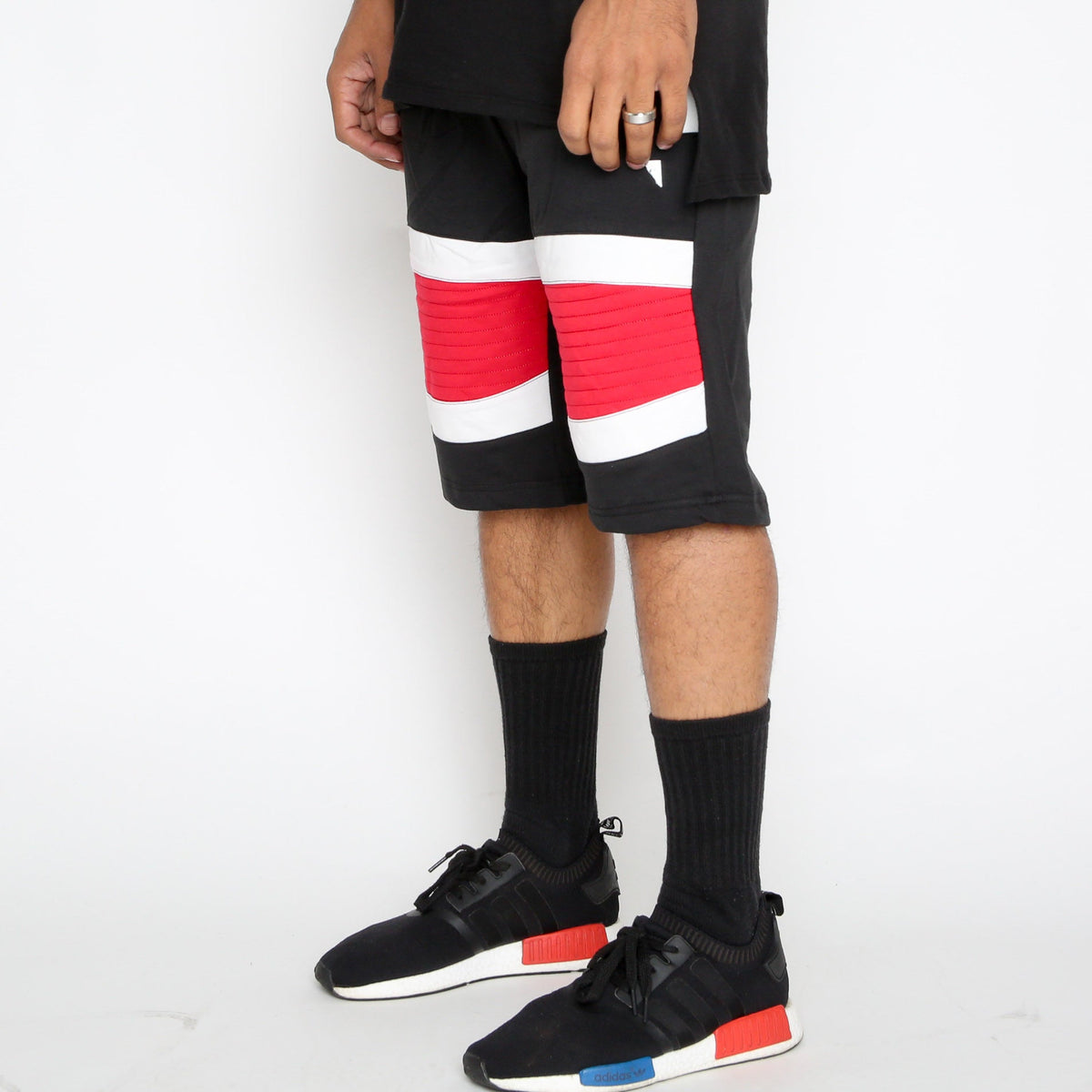 Red Stripe Moto Shorts with Contrast Zipper Detail