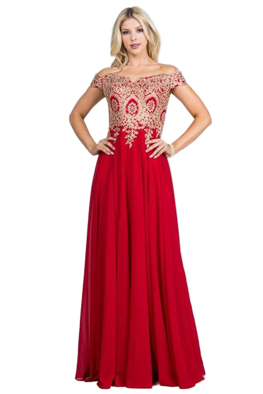 Plus Size Off Shoulder Chiffon Gown with Gold Lace - VacationGrabs