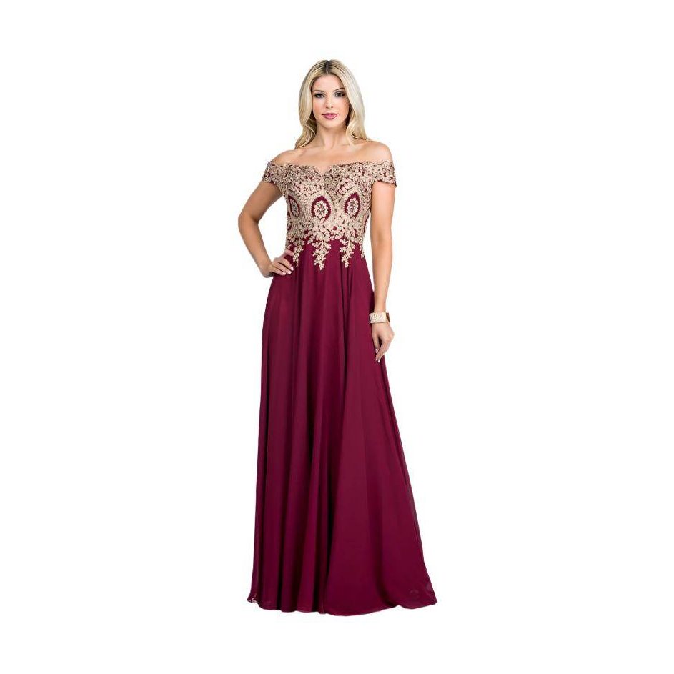 Plus Size Off Shoulder Chiffon Gown with Gold Lace - VacationGrabs