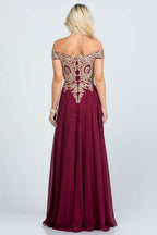 Plus Size Off Shoulder Chiffon Gown with Gold Lace - VacationGrabs