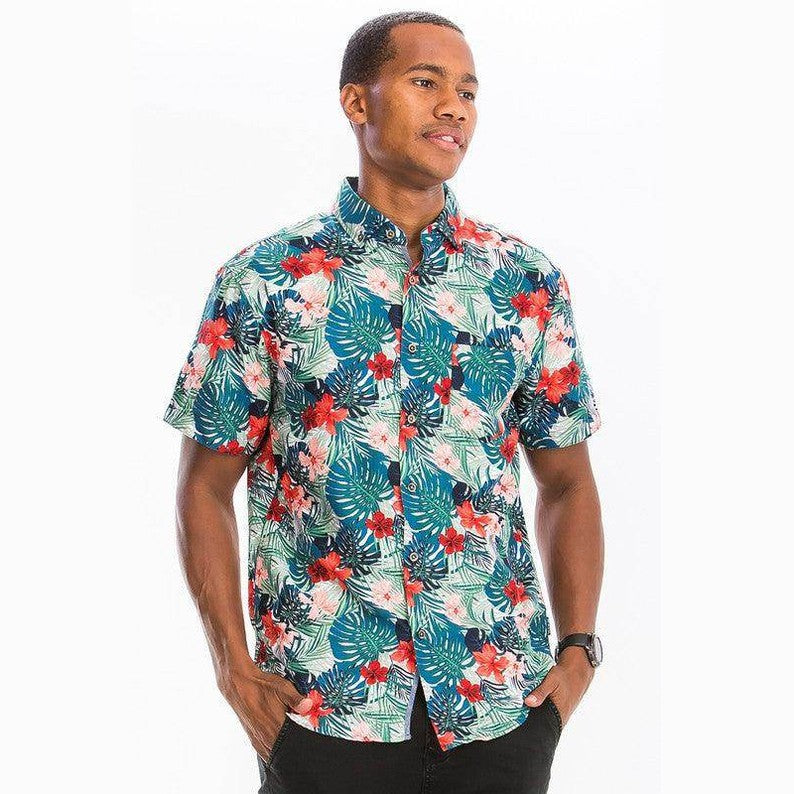 Mens Print Hawaiian Button Down Shirt WS7011 - VacationGrabs
