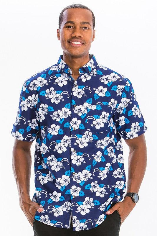 Men's Shirts Blue Multi Print HAWAIIAN BUTTON DOWN SHIRT