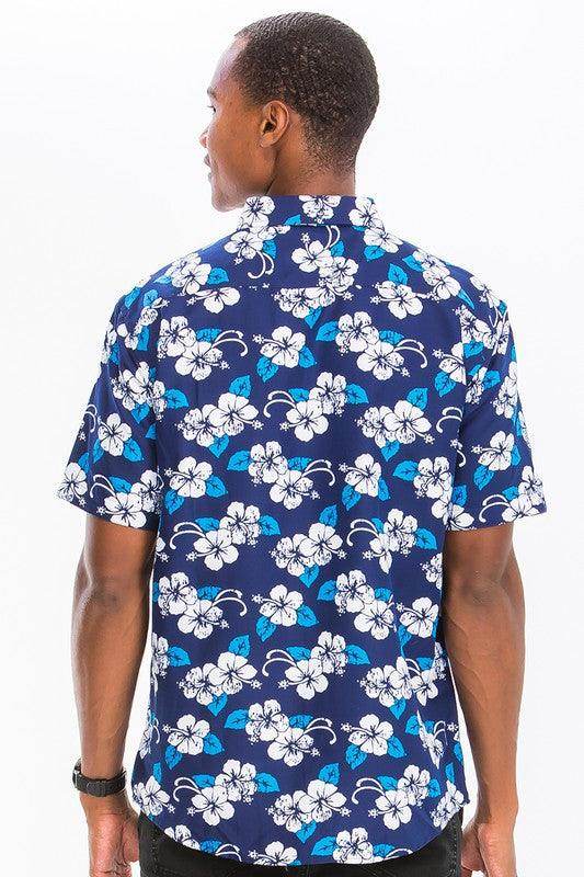 Blue Multi Print Hawaiian Button Down Shirt - VacationGrabs