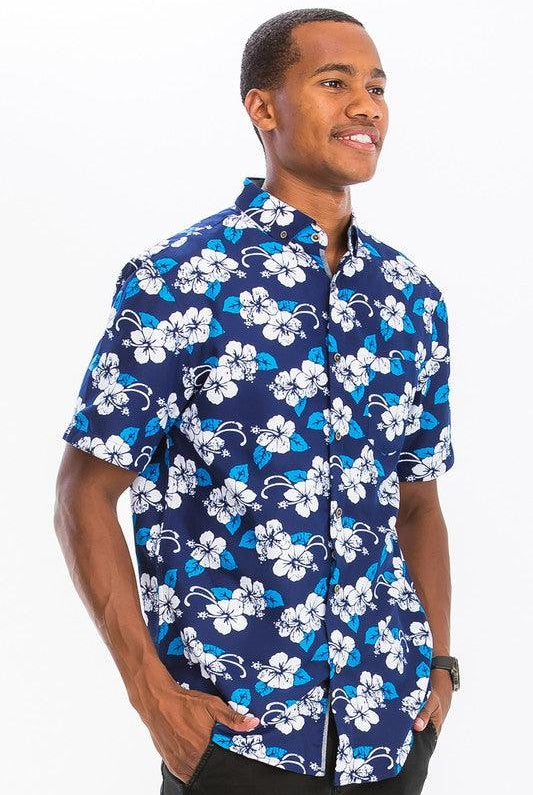 Men's Shirts Blue Multi Print HAWAIIAN BUTTON DOWN SHIRT