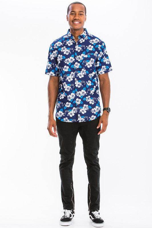 Blue Multi Print Hawaiian Button Down Shirt - VacationGrabs