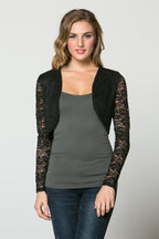 Lace, draped neckline, long sleeve, open front, cropped jacket. Lace shrug Evening bolero