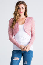 Lace, draped neckline, long sleeve, open front, cropped jacket. Lace shrug Evening bolero