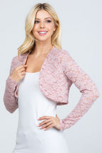 Lace, draped neckline, long sleeve, open front, cropped jacket. Lace shrug Evening bolero