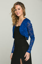 Lace, draped neckline, long sleeve, open front, cropped jacket. Lace shrug Evening bolero