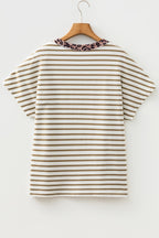 Stripe Leopard Patchwork Round Neck T-Shirt