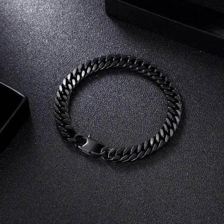 10mm black Miami Cuban link bracelet with a sleek design displayed on a dark background