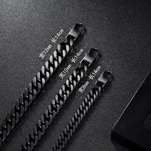10mm black Miami Cuban link bracelet displayed alongside other sizes on a dark background
