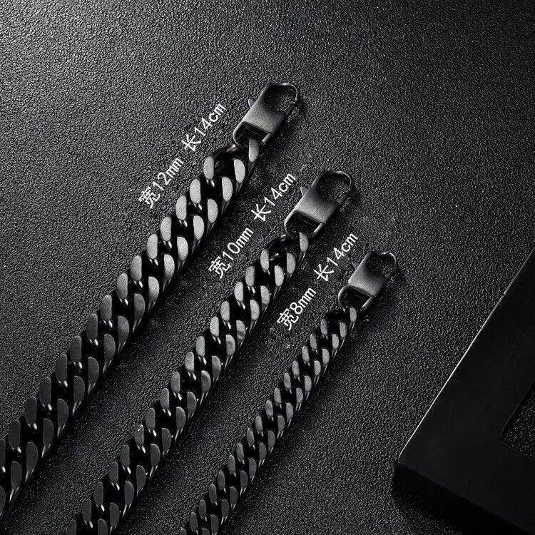 10mm black Miami Cuban link bracelet displayed alongside other sizes on a dark background