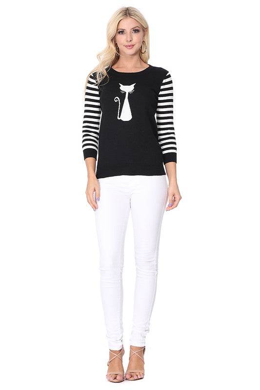 Cat Jacquard Cotton Sweater Top - VacationGrabs