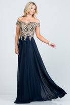 Women's DressesPlus Size Off Shoulder Chiffon Gown with Gold Lace - VacationGrabs