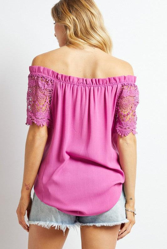 Women's Shirts Crochet Lace Sleeveless Accent Off Shoulder Top