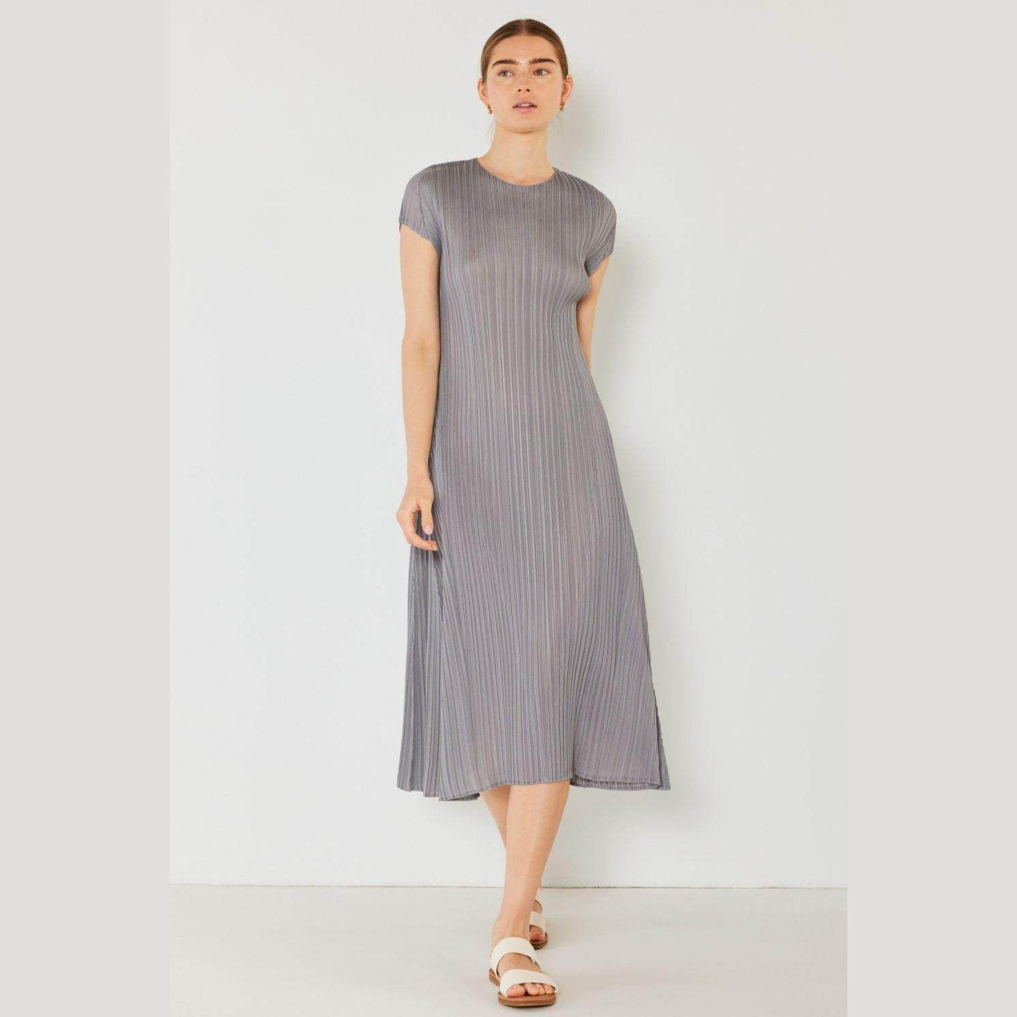 Pleated Cap Sleeve A-Line Dress - VacationGrabs