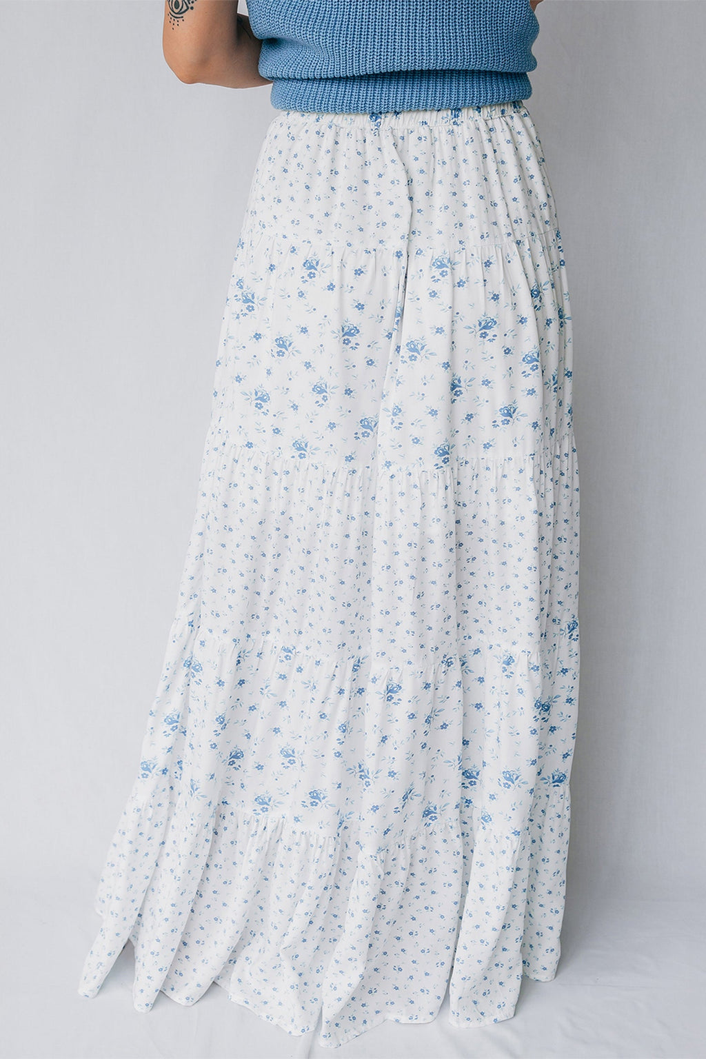 Floral Patchwork High Waist Tiered Maxi Skirt