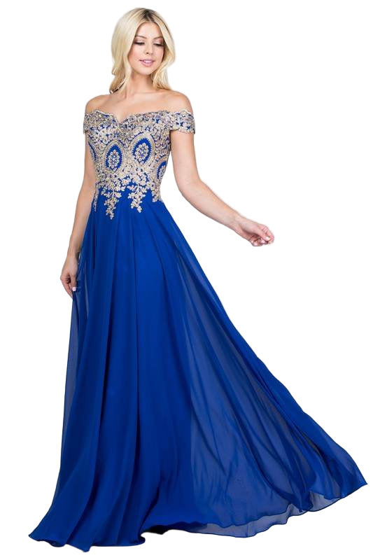 Plus Size Off Shoulder Chiffon Gown with Gold Lace - VacationGrabs