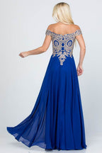 Plus Size Off Shoulder Chiffon Gown with Gold Lace - VacationGrabs