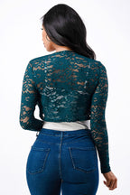 Sequence Lace, draped neckline, long sleeve, open front, cropped jacket. Lace shrug Evening bolero