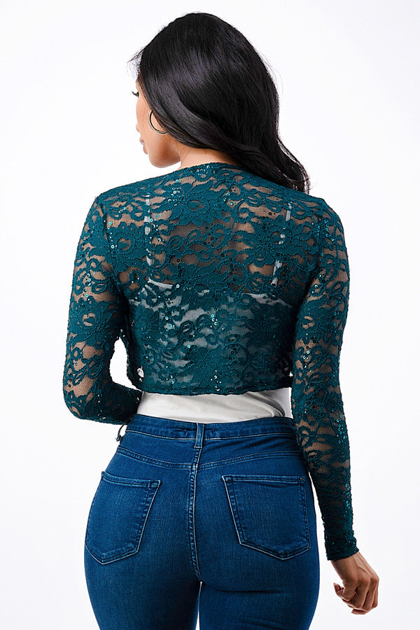 Sequence Lace, draped neckline, long sleeve, open front, cropped jacket. Lace shrug Evening bolero
