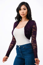 Sequence Lace, draped neckline, long sleeve, open front, cropped jacket. Lace shrug Evening bolero