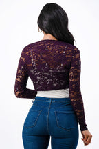 Sequence Lace, draped neckline, long sleeve, open front, cropped jacket. Lace shrug Evening bolero