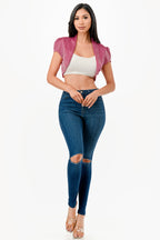 Sparkling Jacquard cropped shrug bolero with open front and cap sleeves