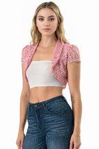 Crochet lace cropped shrug with open front and cap sleeves.