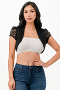 Crochet lace cropped shrug with open front and cap sleeves.