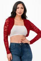 Lace, draped neckline, long sleeve, open front, cropped jacket.
