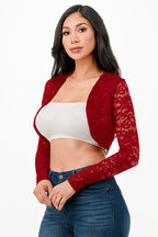 Lace, draped neckline, long sleeve, open front, cropped jacket.