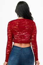 Lace, draped neckline, long sleeve, open front, cropped jacket.