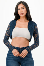 Lace, draped neckline, long sleeve, open front, cropped jacket.