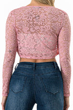 Lace, draped neckline, long sleeve, open front, cropped jacket.