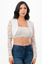 Lace, draped neckline, long sleeve, open front, cropped jacket.