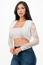Lace, draped neckline, long sleeve, open front, cropped jacket.